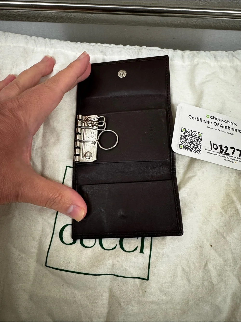 Gucci Brown Leather Key Case with Silver GG Logo with Certificate